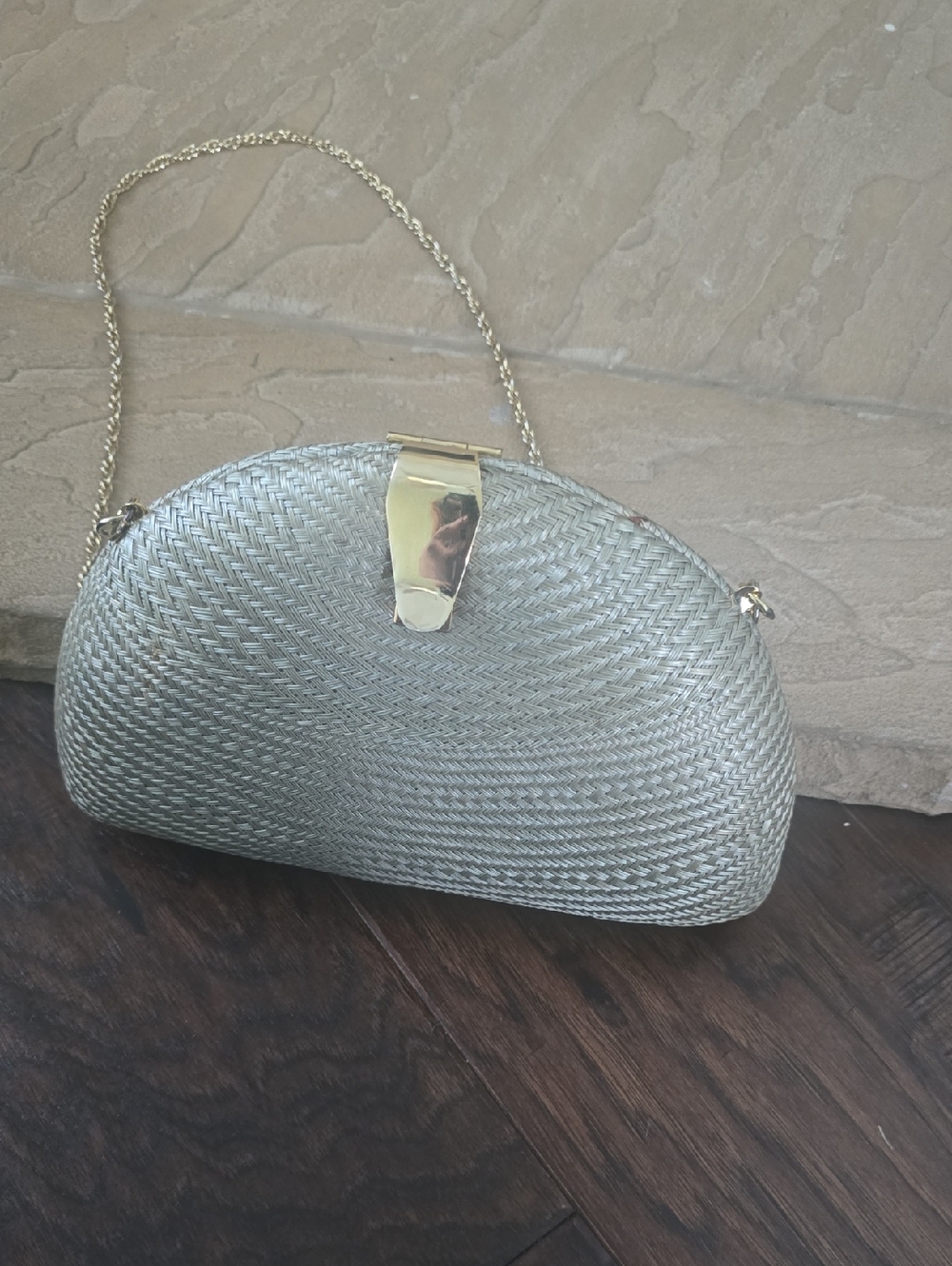 Silver Woven Clam Shell Clutch with Gold Chain Strap